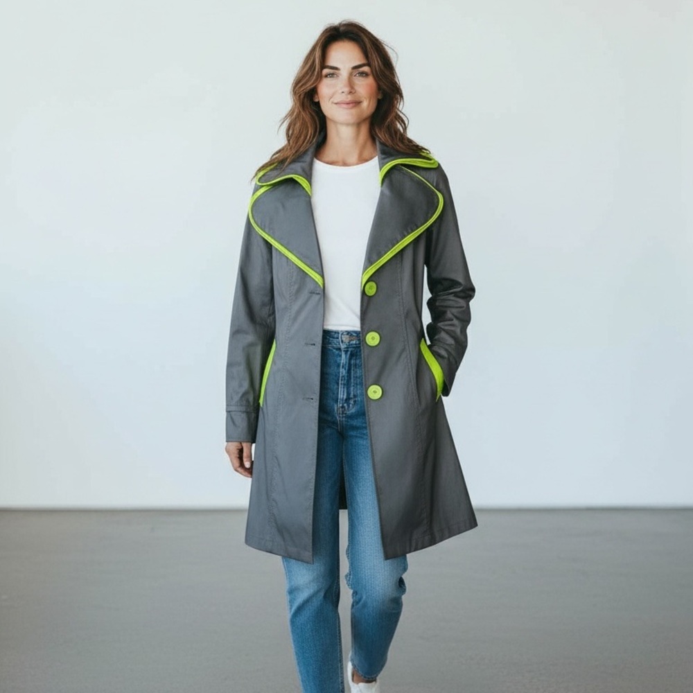Joseph Ribkoff Avant Garde Long Blazer Coat Lime Trim Size 8